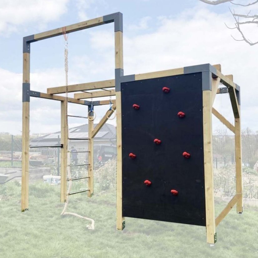 Dětské hřiště se šplhem (CLIMBER - 2x4m) - Farba impregnácie: Hnedá, Farba trámových spojok: Čierne