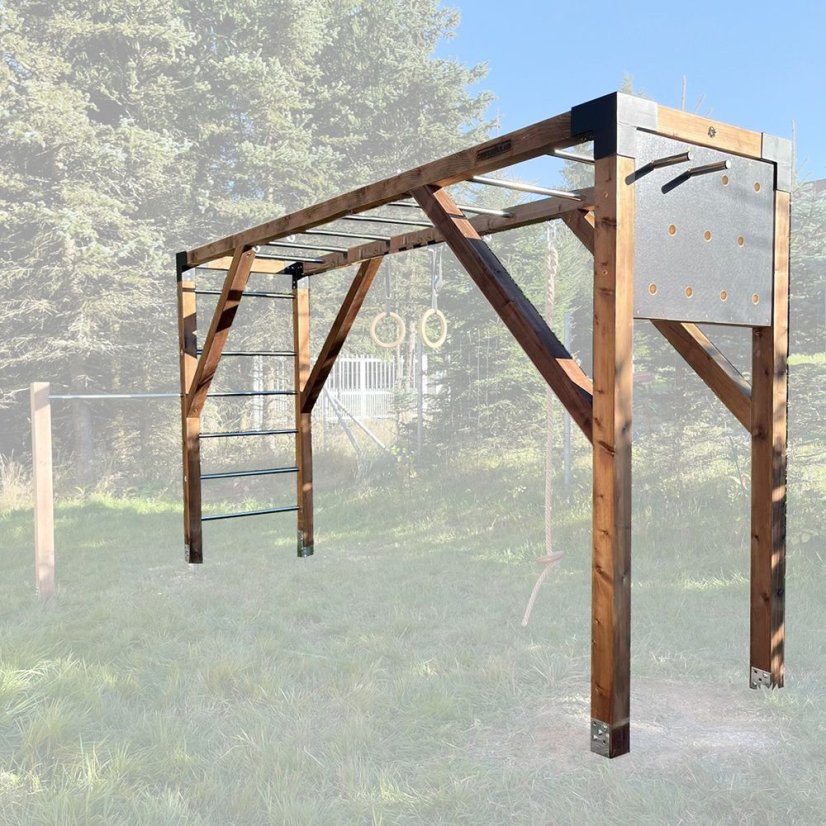 Rodinné workout hřiště s pegboardem (MINI - 1x4m) - Barva impregnace: Bezbarvá, Barva trámových spojek: Šedé