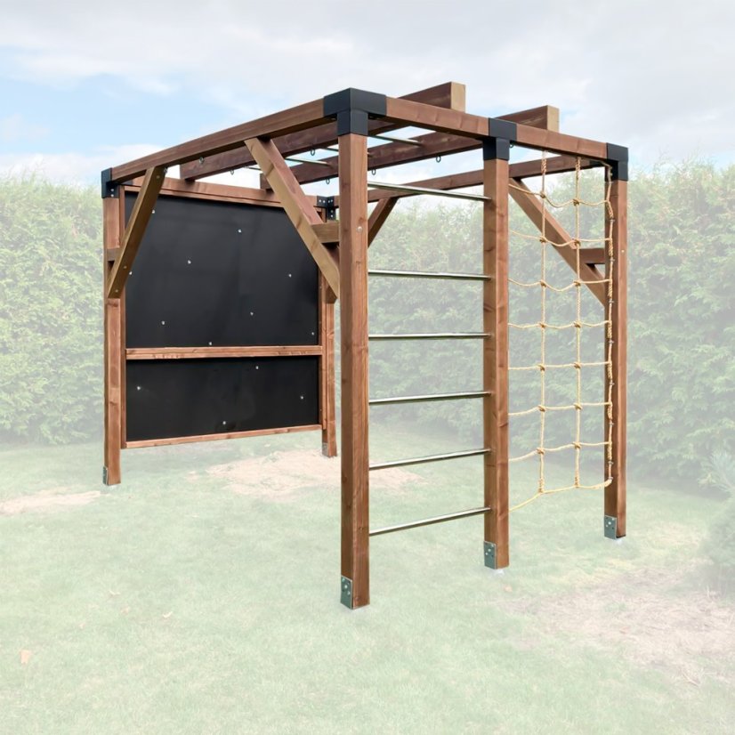 Dětské hřiště s lezeckou stěnou a provazovou sítí (MID - 2x3m) - Barva impregnace: Bezbarvá, Barva trámových spojek: Šedé