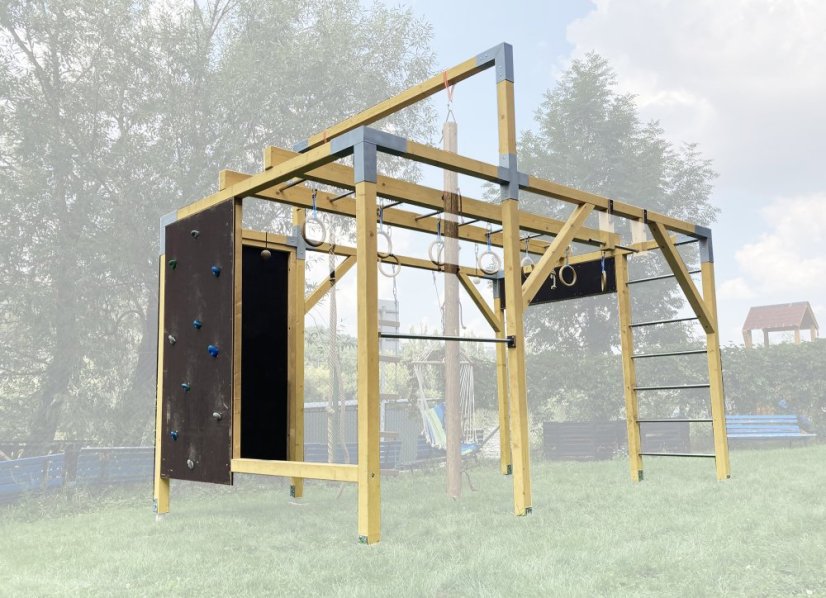 Rodinné workout ihrisko so šplhom (CLIMBER - 3x4m) - Farba impregnácie: Hnedá, Farba trámových spojok: Čierne