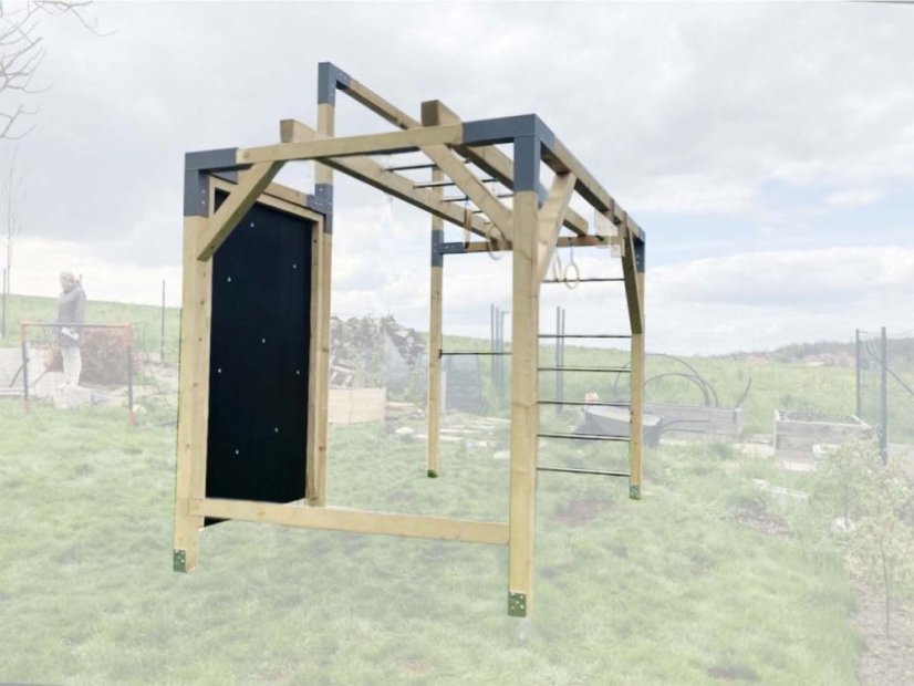 Dětské hřiště se šplhem (CLIMBER - 2x4m) - Farba impregnácie: Hnedá, Farba trámových spojok: Čierne