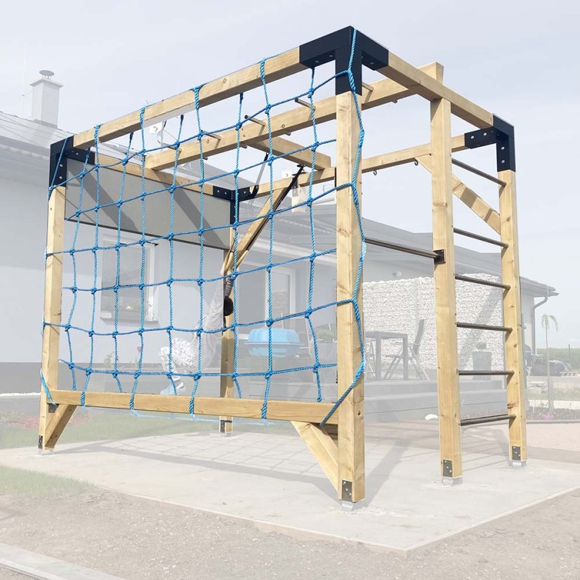 Rodinné workout hřiště s provazovou sítí a pegboardem (MID - 2x3m) - Barva impregnace: Bezbarvá, Barva trámových spojek: Šedé