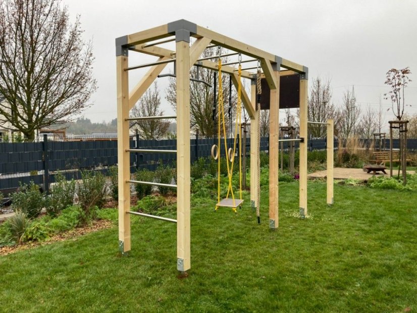 Rodinné workout hřiště se dvěma hrazdami (MINI - 1x3m) - Barva impregnace: Bezbarvá, Barva trámových spojek: Šedé