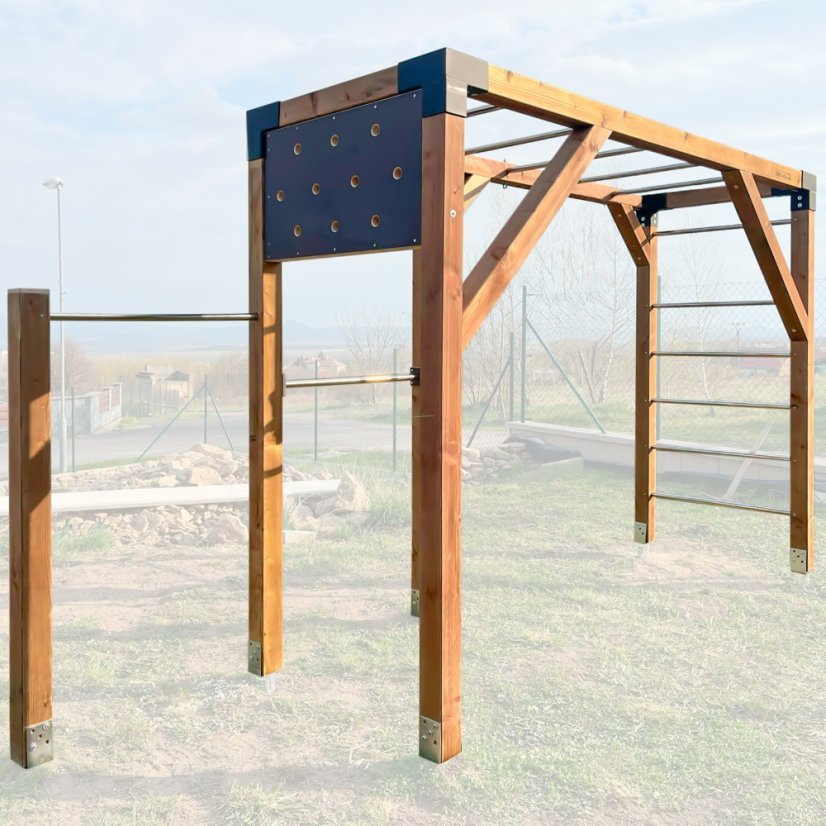 Rodinné workout hřiště se dvěma hrazdami (MINI - 1x3m) - Barva impregnace: Bezbarvá, Barva trámových spojek: Šedé