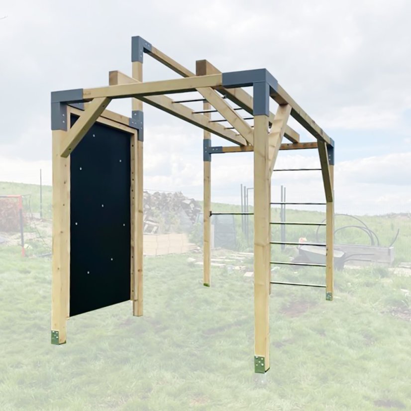 Dětské hřiště se šplhem (CLIMBER - 2x4m) - Barva impregnace: Hnědá, Barva trámových spojek: Šedé