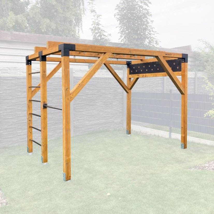 Rodinné ihrisko s pegboardom (MID - 2x3m) - Farba impregnácie: Hnedá, Farba trámových spojok: Čierne