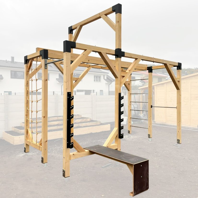 Workoutové hřiště s bench pressem - Barva impregnace: Hnědá, Barva trámových spojek: Šedé