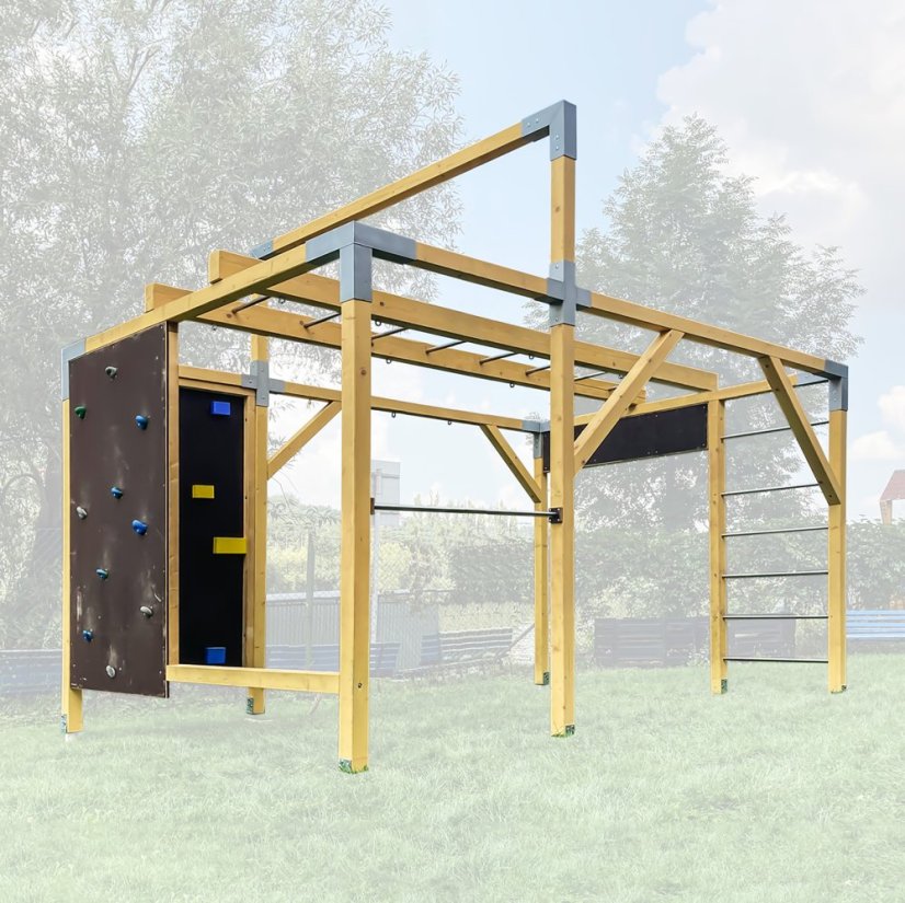 Rodinné workout hřiště se šplhem (CLIMBER - 3x4m) - Barva impregnace: Bezbarvá, Barva trámových spojek: Šedé