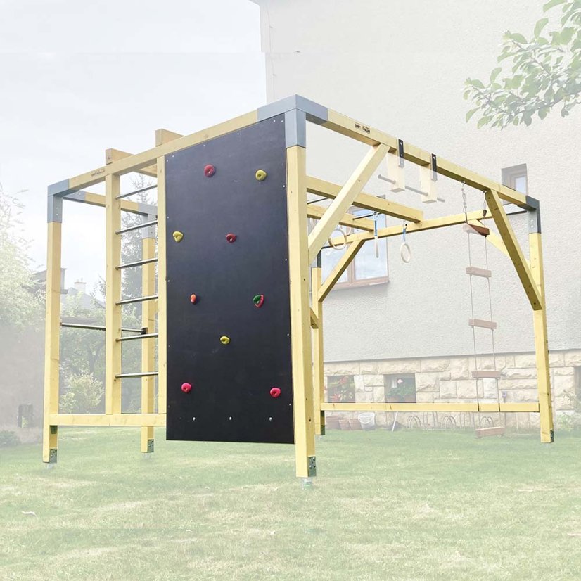 Veľké detské workoutové ihrisko (CUBE - 3x4m) - Farba impregnácie: Bezfarebná, Farba trámových spojok: Čierne