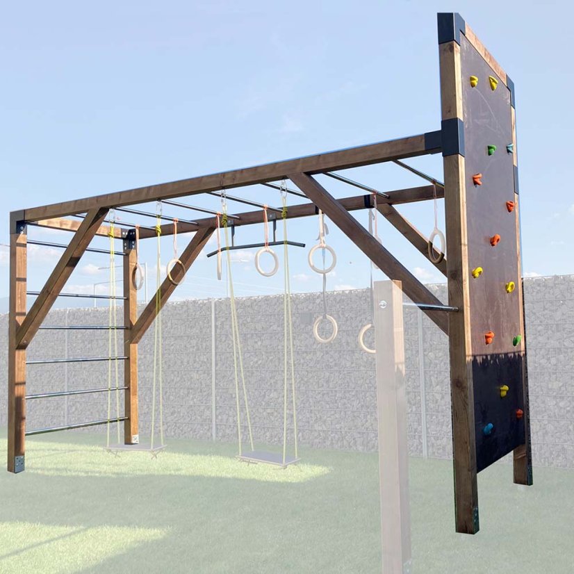 Rodinné workout hřiště se zvýšenou lezeckou stěnou (MINI - 1x4m) - Barva impregnace: Hnědá, Barva trámových spojek: Černé