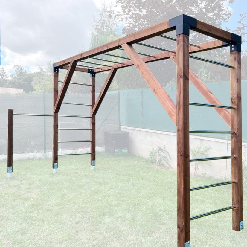 Workout hřiště pro každého (MINI - 1x4m) - Barva impregnace: Hnědá, Barva trámových spojek: Černé