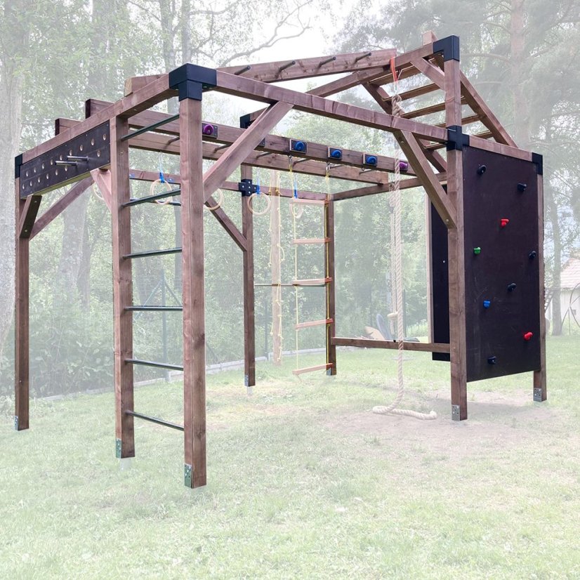 OCR Workout ihrisko s vzostupným rúčkovaním (CLIMBER - 3x4m) - Farba impregnácie: Hnedá, Farba trámových spojok: Čierne