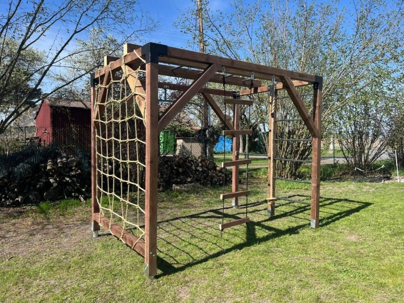 Dětské hřiště s provazovou sítí (MID - 2x3m) - Barva impregnace: Bezbarvá, Barva trámových spojek: Šedé