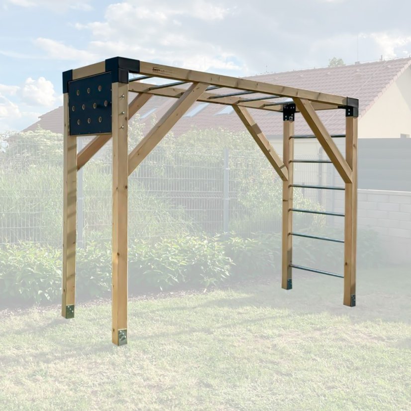 Rodinné workout hřiště s pegboardem (MINI - 1x3m) - Barva impregnace: Bezbarvá, Barva trámových spojek: Černé