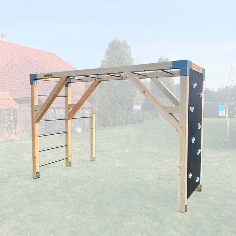 Detské ihrisko s lezeckou stenou (MINI - 1x3m) - Farba impregnácie: Hnedá, Farba trámových spojok: Sivé